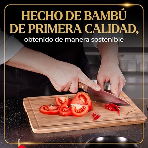 Deer & Oak Set de 3 tabla cortar cocina bambú con asas y ranuras, tabla de cortar madera pre-aceitada, tablas de cocina 33x24 28x20 22x15 cm, chopping board ecológica - imagen 2