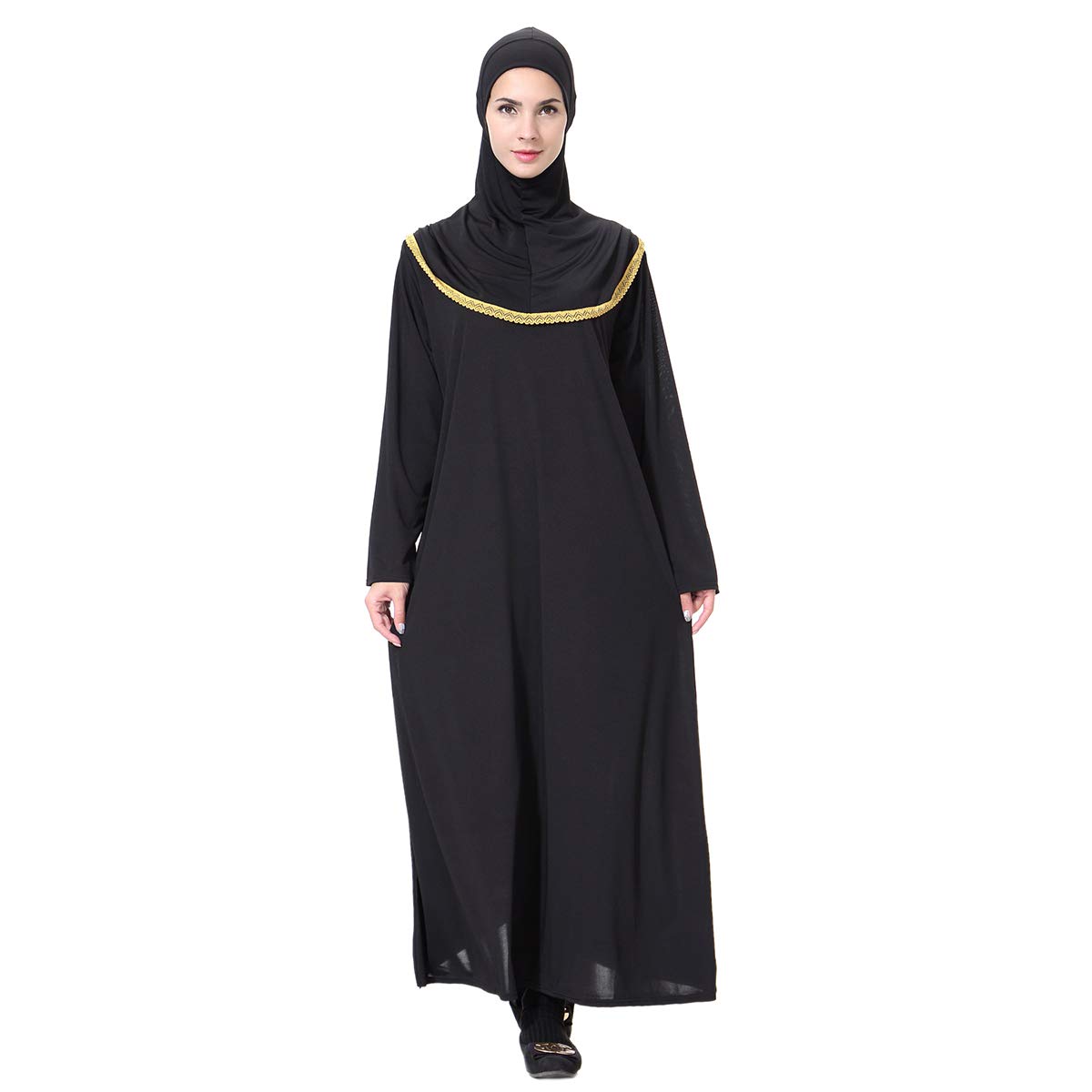 Baronhong Women's Gold Muslim Islamic Arab Abaya Jilbab Lady Thobe With Hijab(,L)