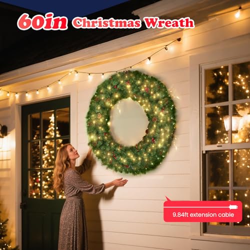 Brightown 60 inch Christmas Wreath Outdoor Decoration, Large Artificial Wreath with Lights, 300LED, 600 PVC Tips, Power Plug-in by Brightown - Image 2