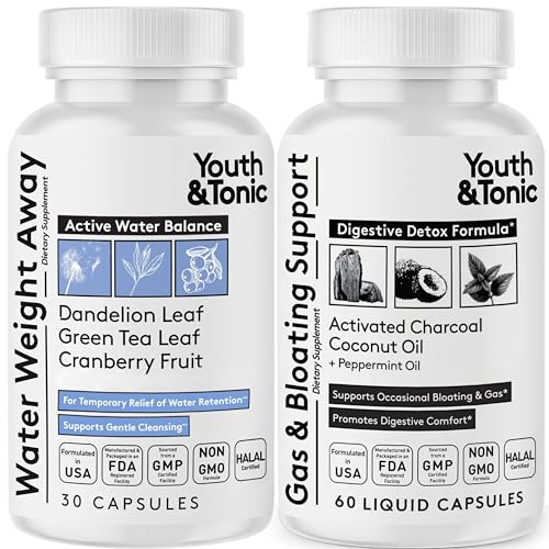 Water Weight Away & Gas and Bloating – Diuretic & Charcoal Pills for Bloating Relief – Support for Water Retention, Swollen Legs & Digestive Bloating – Peppermint & Coconut Oil – 90 Pills