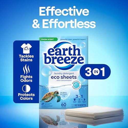 Image of Earth Breeze Laundry Detergent Sheets Fresh Scent - 60 Loads per package. Eco Liquidless Soap - Travel-Friendly for Hot & Cold Cycles, Tackles Tough Stains & Odors - Gentle on Skin, 30 sheets (3 Pack)