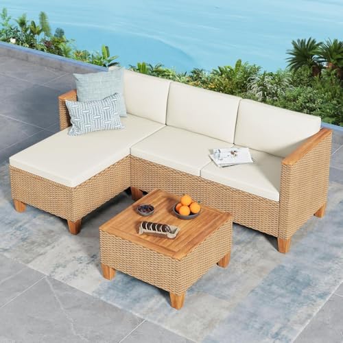 SUNSHINE VALLEY Small Patio Furniture Set, 3 Piece Wicker Outdoor Patio Conversation Set, Outside L-Shaped Sectional Sofa Couch with Chaise Lounge and Coffee Table for Porch Balcony Deck