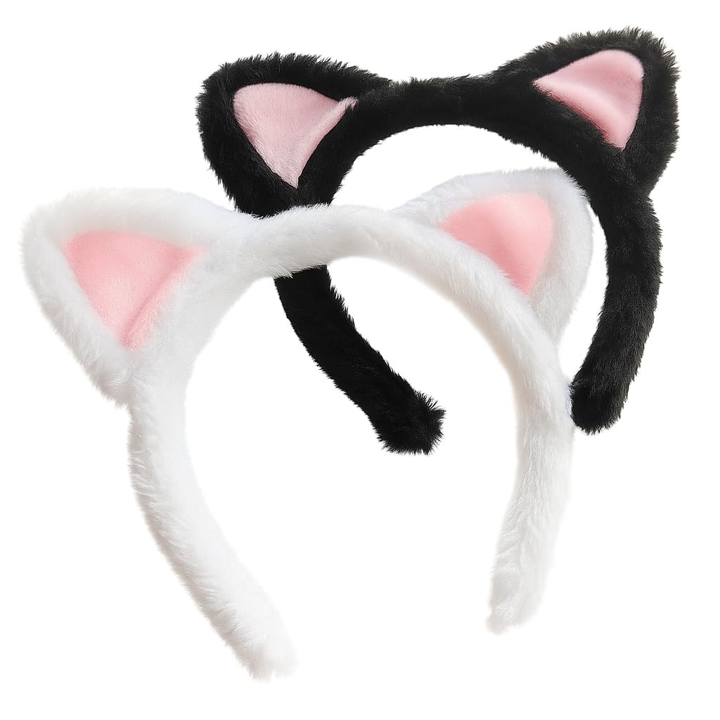 Cat Ears Headband 2-Pack – Plush Fuzzy Hairbands for Cosplay, Makeup, Yoga, and Photo Props for Adults and Kids