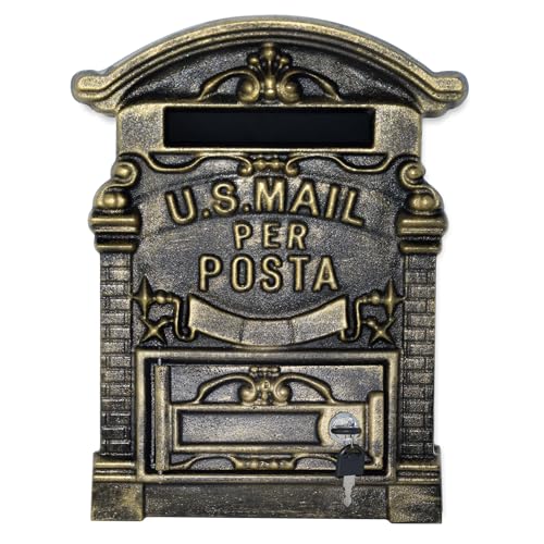 MINLUFUL Vintage Wall Mount Locking Mailbox – Cast Iron Outdoor Rustproof Metal Mailbox for Letters, Magazines & Small Packages, Coffee Gold