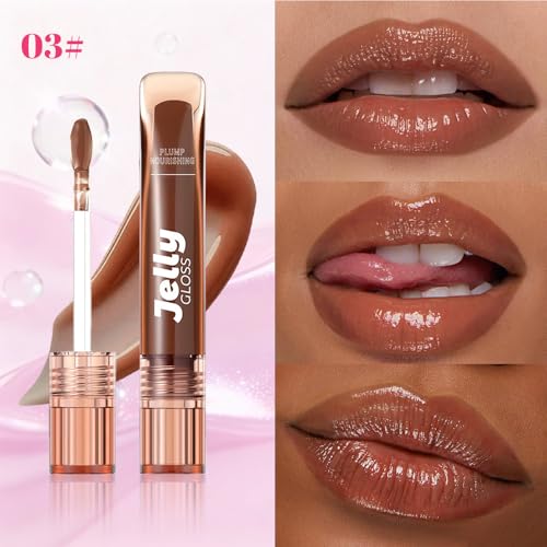 Image of WanTuoluo Jelly Lip Gloss, Soft Lip Tint, Instantly creates a Sheer Glass-like Shine, Cool Blue Red Rose Mocha Bean Chocolate Brown Colors, Smoothing, Moisturizing, Plump and Hydrated (B03)