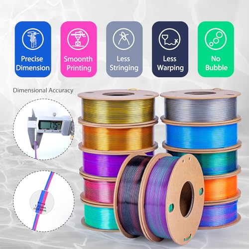 Image of Silk PLA Filament 1.75mm Bundle, Shiny Metallic Multi-Color 3D Printer Filament 12-Pack (250g /Spool, 3kg Total), High Gloss & Smooth Finish for Articulated Dragon Toys, 3D Art Crafts & Gifts