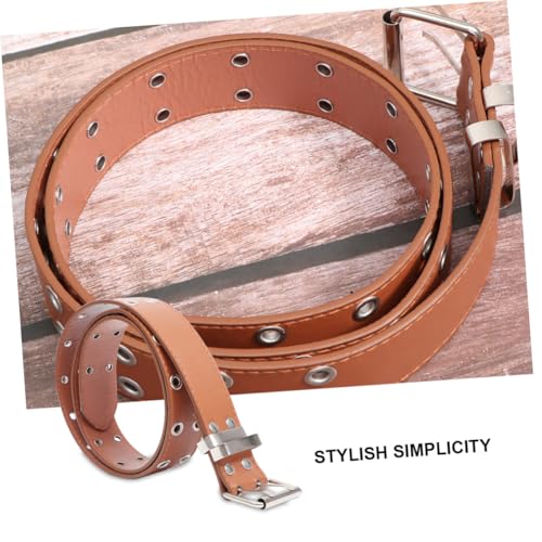 Punk Style Double Row Belt for Men and Women Durable Pu Waist Belt Brown for Jeans and Casual Wear Simple and Comfortable Design3