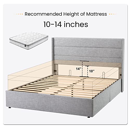 SHA CERLIN Full Size Lift Up Storage Bed/Modern Wingback Headboard/Upholstered Platform Bed Frame/Hydraulic Storage/No Box Spring Needed/Wood Slats Support/Light Grey