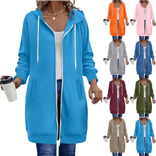 Herbstjacke Damen Modisches Einfarbig Hoodie Jacke Lang Wintermantel mit Kapuze Herbst Winter Fleecejacke Langarm Übergangsjacke Plus Size Kapuzenpullover Zipper Kapuzenjacke mit Taschen Winterjacke