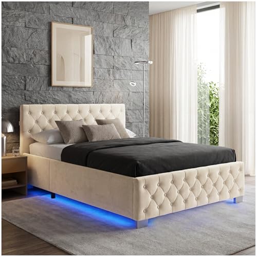 tectake® Lit capitonné pour Matelas 120x200 avec sommier en Bois, Cadre en Acier laqué époxy, Tête de lit, LED réglable & Coffre Rangement pour Chambre Adulte, ado...