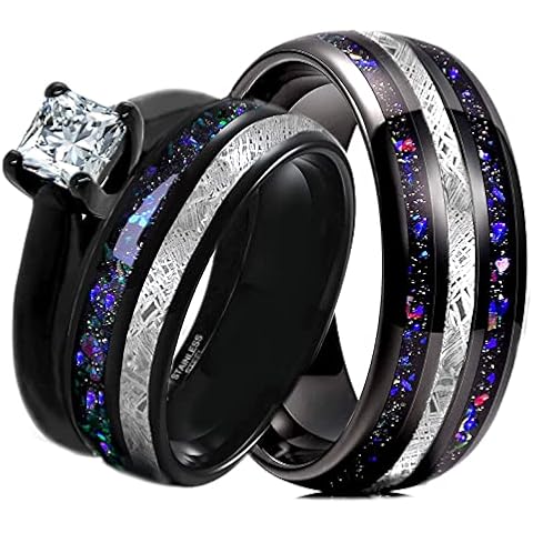 Kingsway Jewelry 3-Pc Matching Rings for Couples - Luxurious Wedding Rings Sets for Him and Her - Promise Rings Set with Real Meteorite & Blue Opal Chips - Cubic Zirconia Engagement Ring Set Cover