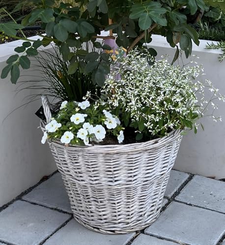 Dekoleidenschaft Rattan Pflanzkorb Rustikal rund, groß, grau, Outdoor Blumentopf, Pflanzkübel, Pflanztopf für Draußen, Blumenkübel, Blumenkasten, Pflanzkasten (Ø 40x30 cm)