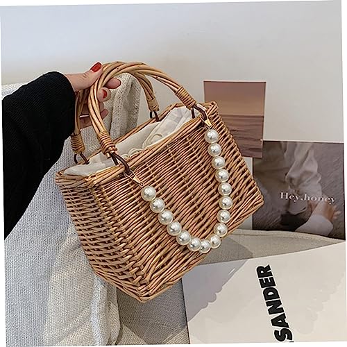 CLISPEED Pearl Straw Handbag for Women Portable Beach Bag Handheld Design Summer Tote for Vacation and Travel4