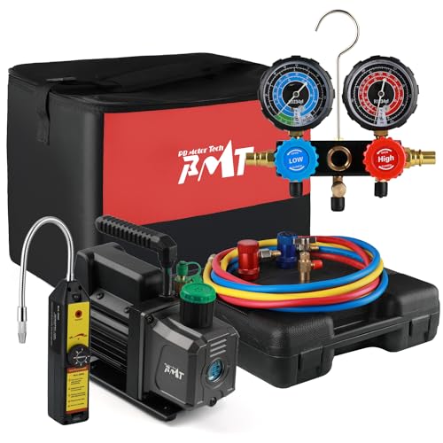 PB Motor TECH 4.5CFM 1/3HP Vacuum Pump with 3-Way R1234yf AC Manifold Gauge Set Leak Detector Can Tap Quick Couplers & More Included