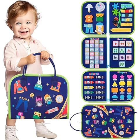 CUKU Busy Board Montessori Toy - Toddler Busy Board for 1 2 3 4 Year Old,Montessori Toys Busy Book Fine Basic Dress Motor Skills - Travel Toys for Travel Car Airplane, Ideal Gift for Boys and Girls Cover