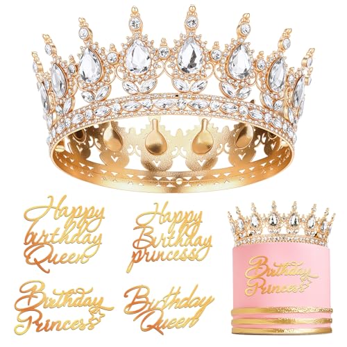 Otuuz Corona de Cumpleaños para Tartas para Mujeres y Niñas Corona de Princesa Reina Tiara de Cumpleaños para Pastel con 4 Decoración para Tartas de Happy Birthday Queen Princess(Dorado y Plata)