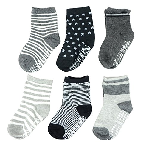 TotMart Toddler Assorted Non Skid Ankle Cotton Socks, Assorted Gray, 6 Pack