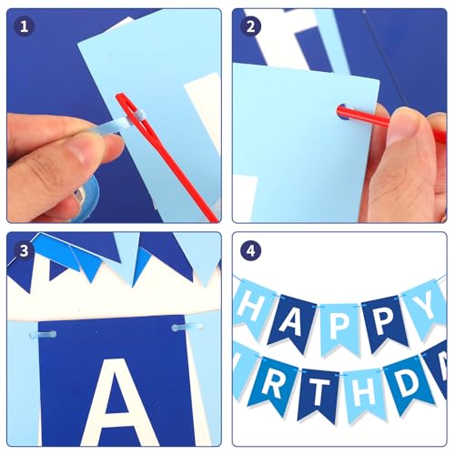 Image of Sky Blue Happy Birthday Banner Hanging Sign Circle Dot Triangle Bunting