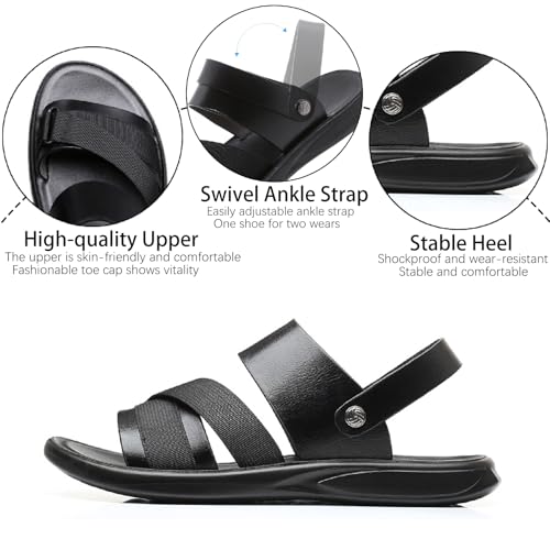 Men's Leather Casual Flat Sandals with Adjustable Dual-Purpose Strap Comfort Soft Bottom Open Toe Slip-On Slides Summer Anti-Slip Beach Sandals3