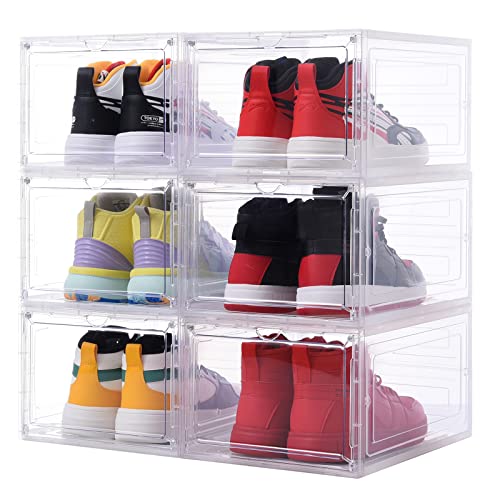 Drop Front Shoe Box,Set of 6,Shoe Storage Boxes Clear Plastic Stackable,Clear Shoe Box,Shoe Box Storage Containers And Organizer,For Display Sneakers, US Size 12- (13.4â€x 10.6â€x 7.4â€)Clear