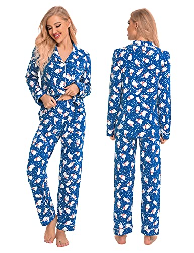 SWOMOG Family Christmas Pajamas Set Women & Men & Kids Long Sleeve Pj Set Party Sleepwear Button-Down Loungewear Set Women Blue With Polar Bear Small3