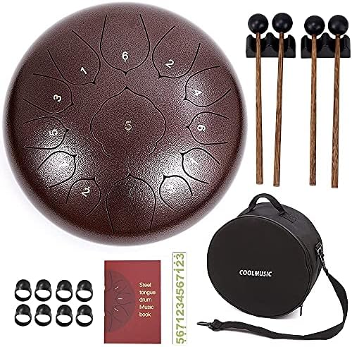 COOLMUSIC Steel Tongue Drum 13 Notes 12 Inches C Key Percussion Instrument Handpan Drum Tank drum with Bag, Music Book, Mallets, Finger Picks, Tone Sticker for Beginner Adult Kids(Brown) 2 51gwcF2QJcS. AC