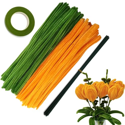 Image of Pipe Cleaner Set, 200 Pcs, with Floral Wires and Floral Tape, Chenille Stems for Tulip Bouquet Making, Kids DIY Craft Projects and Decorations (Orange+olivegreen kit)
