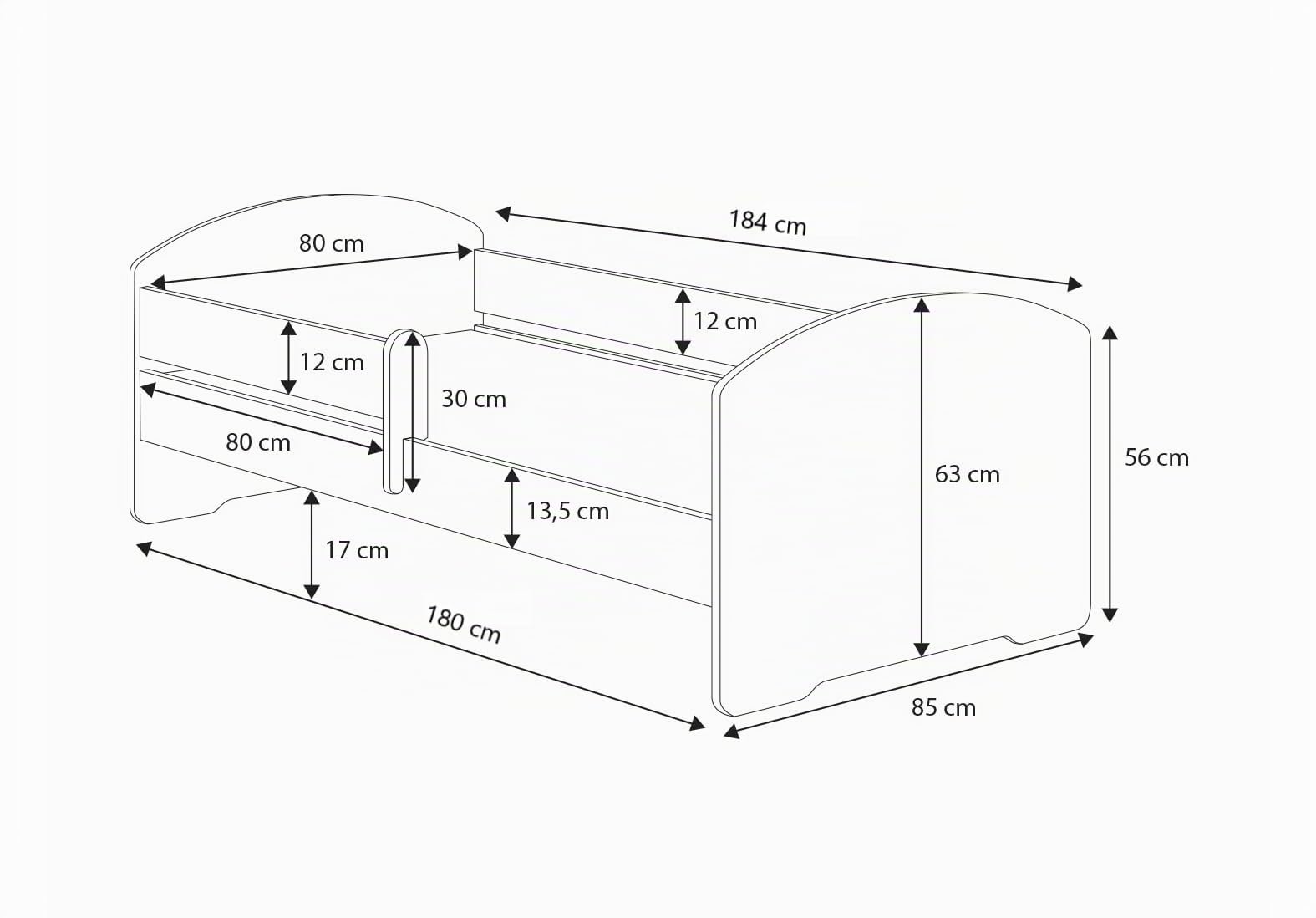 KOBI Cama Niño LUK Blanco 180x80 | Una cama para una habitación infantil y adolescente | Cajón, barrera de seguridad y colchón Incluido |