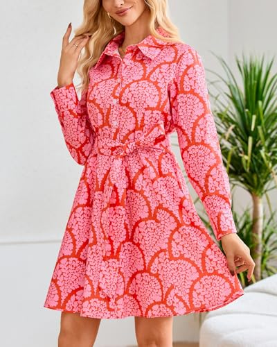 Image of Women's Printed Button Down Shirt Dress Long Sleeve Belted Mini Dress