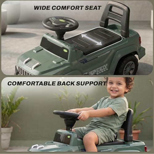Image of Baybee Speedy Baby Ride on Car for Kids | Portable Kids Car with LED Lights, Music & Storage Basket | Push Toy Cars with High Backrest | Toddler Rideons Jeep for 1 to 3 Years Boys Girls (Dark Green)