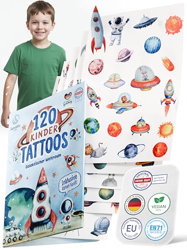 Lunablu 120 Hautfreundliche Kinder Tattoos [Dermatologisch Zertifiziert] MADE IN GERMANY | Geschenk für Kinder | Kindertattoos für Jungen und Mädchen | Tattoo - Weltraum & Monster
