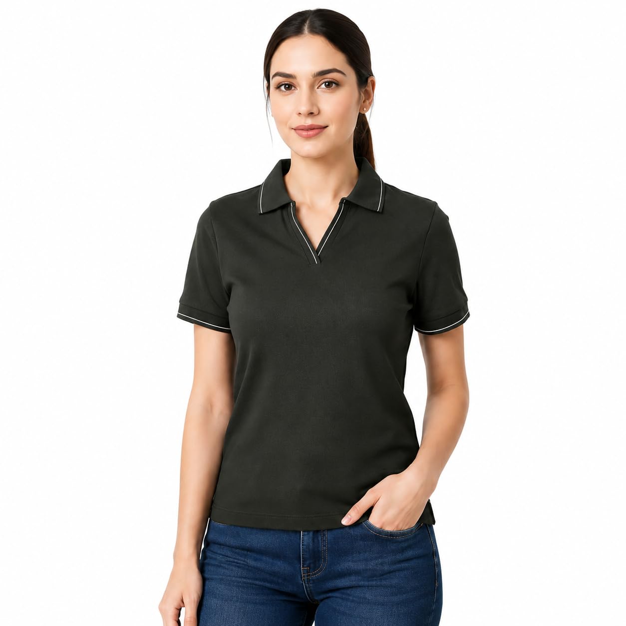 nuvibe Women's Polo T-Shirt, Short Sleeve, V-Neck with Contrast Piping, Casual Top in Olive, Black, Pink and Wine-picture-23