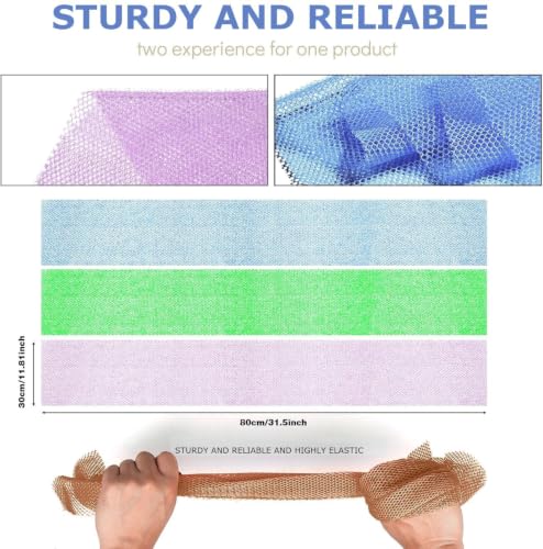 Image of UJFQBH 3 Pieces African exfoliating net African Net Long Net Bath Sponge Exfoliating Shower Body Scrubber Back Scrubber Skin Smoother,Great for Daily Use (Purple, Blue, Green)