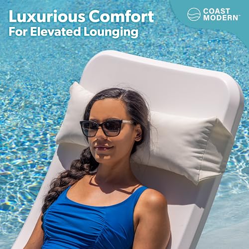 Image of Coast Modern White Outdoor Lounge Chair Pillow with Strap - Waterproof Headrest Pillow for Pool Lounger & Patio Chaise Cushion