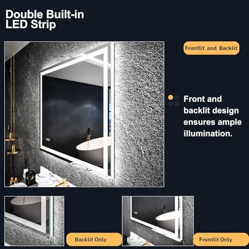 Image of LED Bathroom Mirror 42 inchx 30 inch, Front Lit and Backlit Mirror Bathroom with Lights,Stepless Dimmable,Anti-Fog, Shatter-Proof, Memory, 3 Colors Lighted Mirror (Horizontal /Vertical)