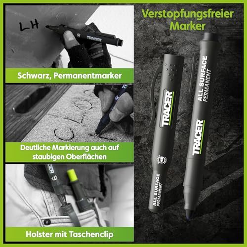 Tracer 5-teiliges Konstruktionsmarker-Set mit Aufbewahrungskoffer – Zimmermannsbleistift, 2 x Marker mit langer Spitze, verstopfungsfreier Marker und Ersatzminenspender