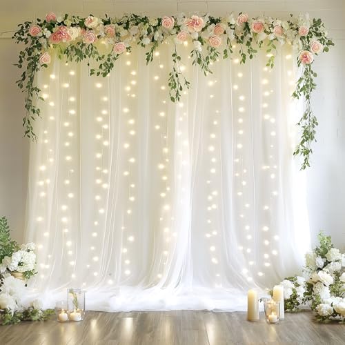 Fomcet Tulle Backdrop Curtains with Lights 10x8ft Sheer White Curtain
