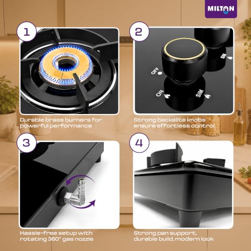 Image of Milton Magnus 4 Burner Gas Stove Hobtop | Built-In Hob with Auto Ignition | Italian SABAF Valves | 8mm Toughened Glass Top | 360 Nozzle | ISI Certified | 5 Years Glass Warranty