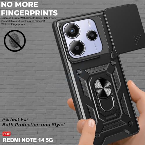 Image of AESTMO Tough Armor Redmi Note 14 5G Bumper Back Case Cover | Ring Holder & Sliding Camera Shield Cover | 360 Degree Protection Back Case Cover for Redmi Note 14 5G (Black)