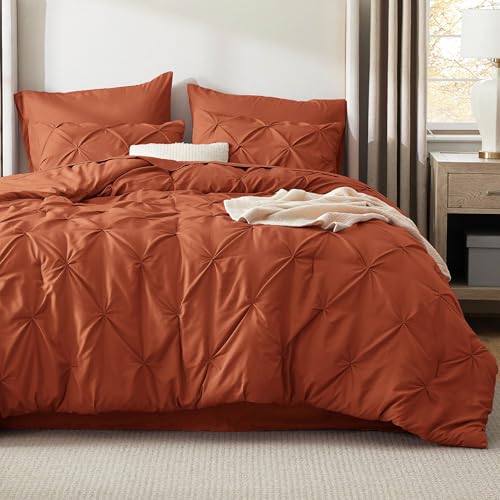 Image of Bedsure Full Comforter Set Burnt Orange - Bed in a Bag Full Size Bedding Set 7 PCS, GentleSoft Pintuck Bed Set Gift for Family, All Season Down Alternative Comforter with Sheets, Pillowcases & Shams