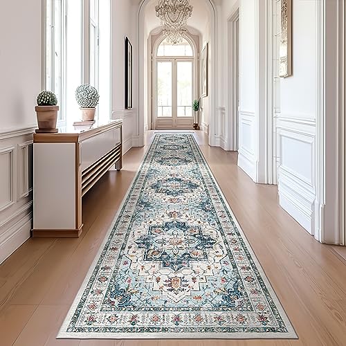 Madane Hallway Runner Rug 2x12, Extra Long Washable Runner Rugs with Rubber Backing, Non Slip Carpet Runner, Vintage Medallion Rug Runners for Kitchen Laundry Room Entryway (Blue, 2'x12')