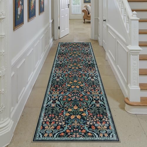 2x8 Washable Blue Floral Runner Rug for Living Room Non-Slip Soft Long Rug for Kids Room Boho Low Pile Stain Resistant Runner for Hallyway Kitchen Por