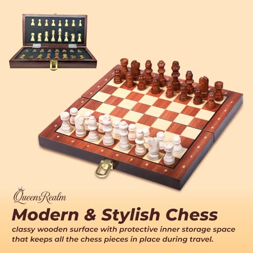 Image of QueensRealm 10 Inch Chess Board Set Wooden Handmade Magnetic Foldable Chessboard for Kids & Adults, Compact & Portable Travel Chess with Inbuilt Storage 2 Players Board Game(10 Inch x 10 Inch- Wooden)
