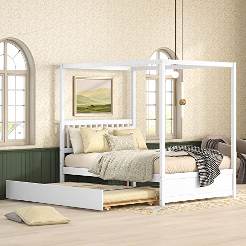 Full Size Canopy Bed With Trundle Bed, Solid Wood Full Platform Bed With Headboard, Slat Support Modern 4 Poster Bed For Kids, Teens, Adults. No Box Spring Needed (Full, White) #TOP1