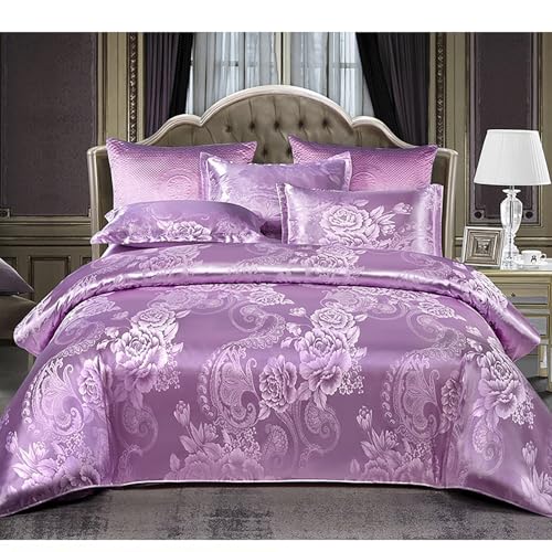 E-yimeng Double Bedding Set Silk Satin Duvet Cover Sets Bohemian Bed Cover with 2 Pillowcases Zipper Luxury Reversible Hotel Quality Easy Care Super Soft Bedding Collections Purple 200x200 cm