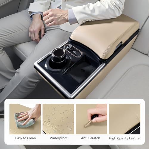 Image of Coverado Universal Car Center Console with Wireless Charging & Cup Holder, Back Seat Organizers, Rear Bench Seat Central Armrest Box with Storage, for Most Vehicles, Easy Install, Beige