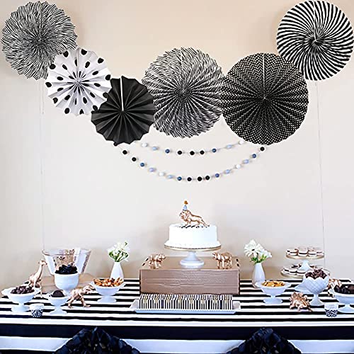 Image of 6 pcs Black Hanging Paper Fans for Party Decoration Colorful Patterns Party Fans for Birthday Anniversary Bridal Shower Baby Shower Christmas Diwali & Wedding Decor (Pack of 6, Black)
