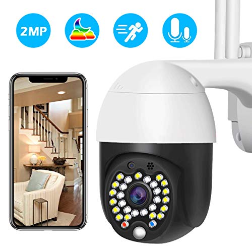 Cámara WiFi Exterior, Cámara PTZ Vigilancia Exterior IP Visión Nocturna Detección de Movimiento Sonido y Luz Advertencia Monitorización Remota vía Smartphone/Tableta