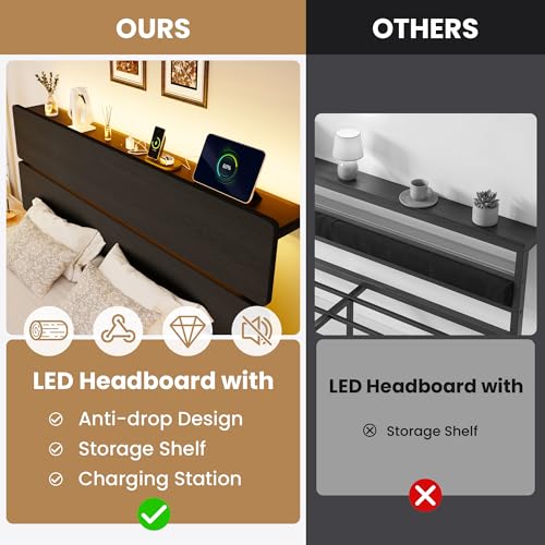 Image of SHA CERLIN Full Size Bed Frame, Led Light, Charging Station, Storage Shelf | Wooden Headboard, Heavy Duty Slats Support, Metal Platform Bed, Under Bed Storage, No Box Spring Needed, Noise Free, Black
