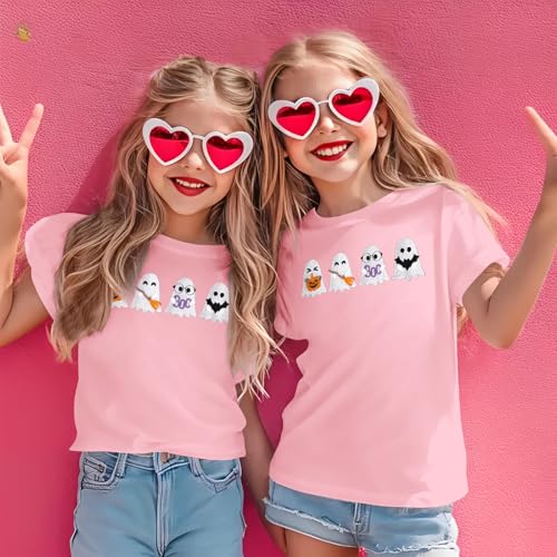 BOUTIKOME Halloween Shirts for Kid Girls Boys Cute Embroidery Ghosts T-Shirt Spooky Season Tees Short Sleeve Top Fall Outfit2